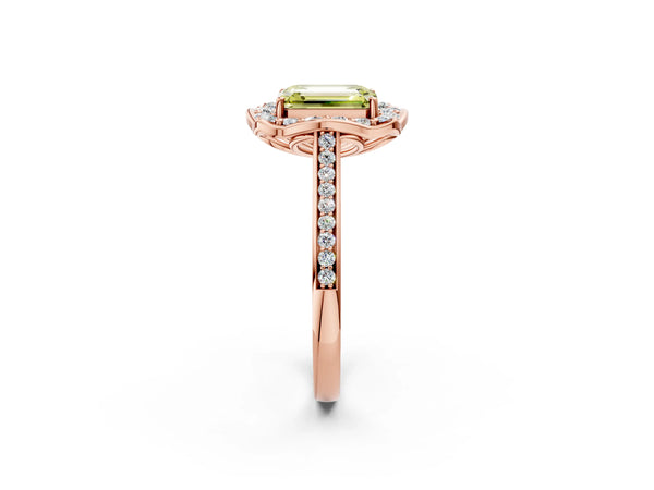 Rose gold Fancy Yellow Emerald  Halo Round Diamond Pave Band with Four-Prong Setting
