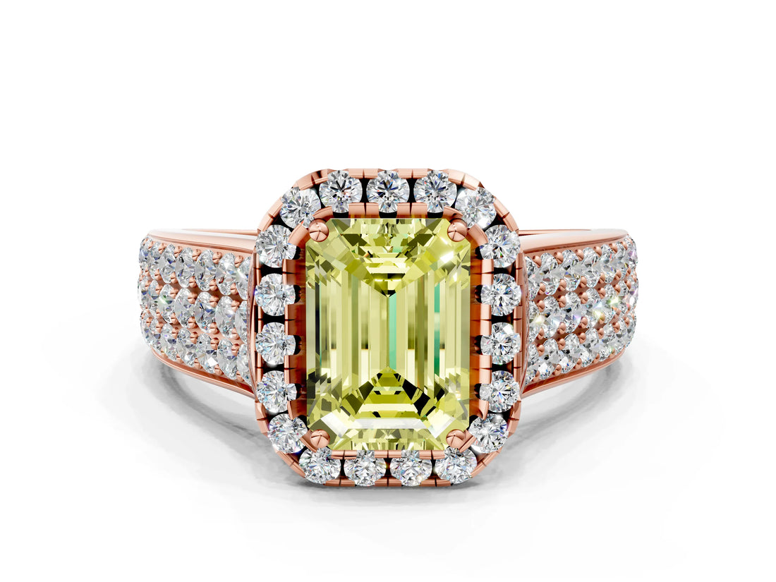 Rose gold Fancy Yellow Emerald  Halo Round Diamond Pave Band with Prong Setting 1