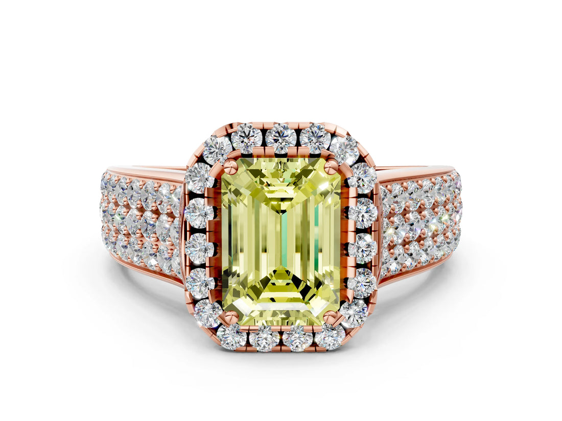 Rose gold Fancy Yellow Emerald  Halo Round Diamond Pave Band with Prong Setting_26