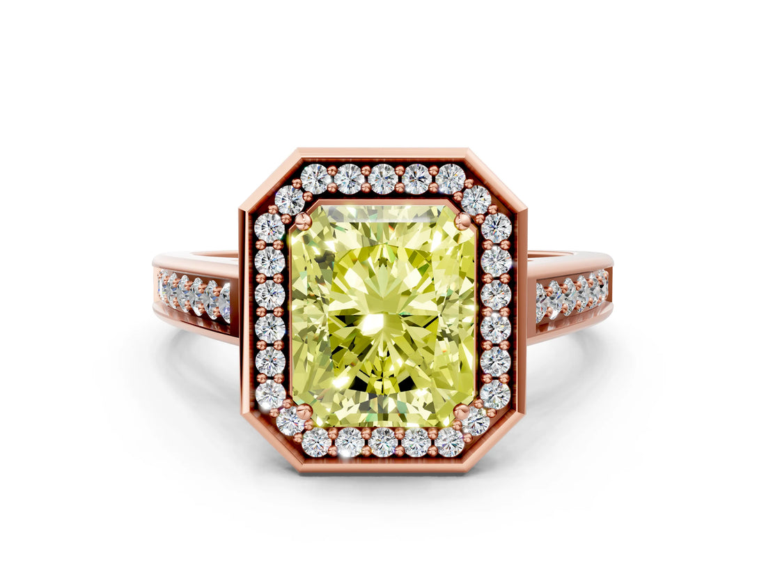 Rose gold Fancy Yellow Emerald  Halo Solitaire Diamond Ring with Pave Band and Bezel Setting_49