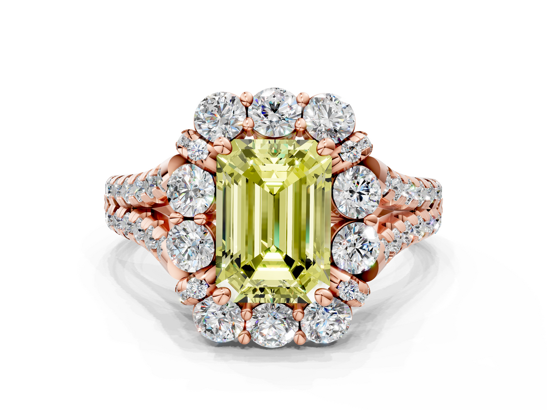 Rose gold Fancy Yellow Emerald  Halo Split Shank Diamond Engagement Ring with Pave Band and Four-Prong Setting_53
