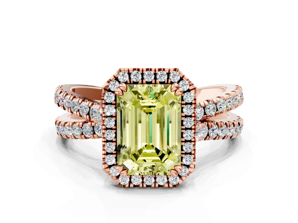 Rose gold Fancy Yellow Emerald  Halo Split Shank Diamond Ring with Pavé Setting