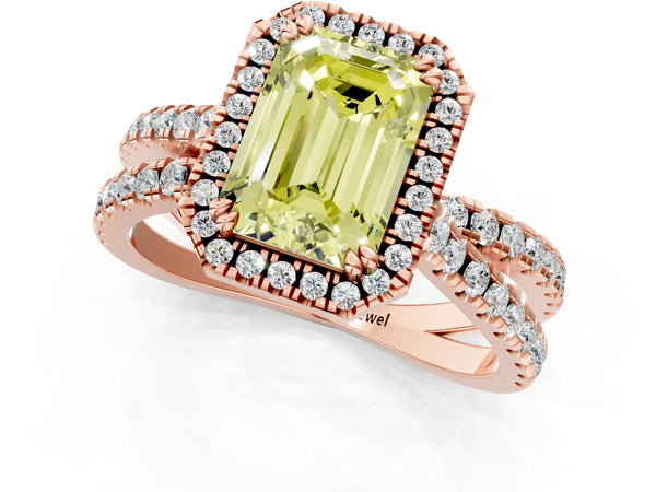 Rose gold Fancy Yellow Emerald  Halo Split Shank Diamond Ring with Pavé Setting