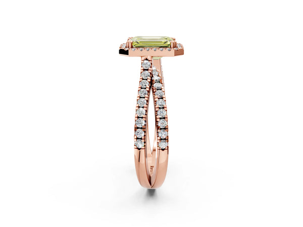 Rose gold Fancy Yellow Emerald  Halo Split Shank Diamond Ring with Pavé Setting