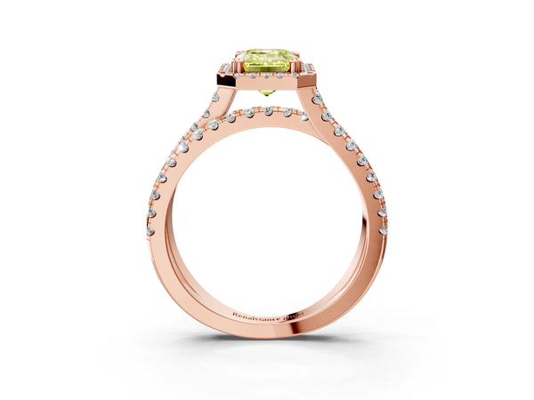 Rose gold Fancy Yellow Emerald  Halo Split Shank Diamond Ring with Pavé Setting