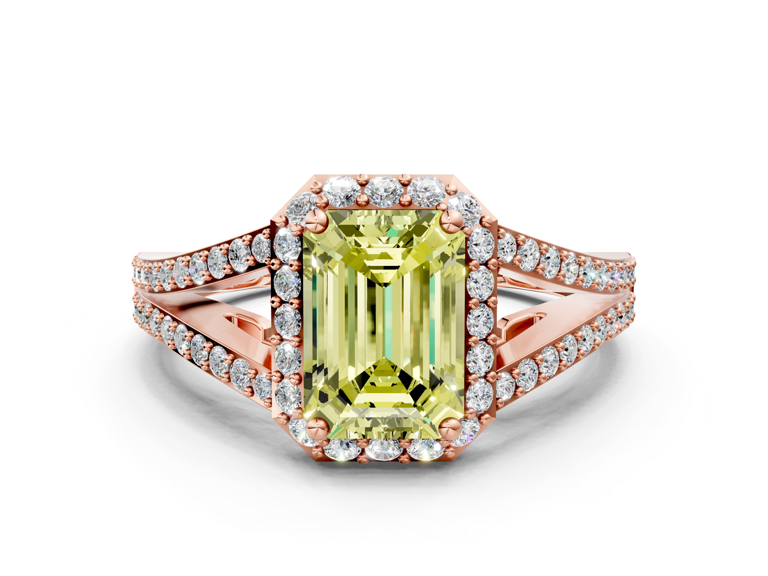 Rose gold Fancy Yellow Emerald  Halo Split Shank Diamond Ring with Prong Setting_20