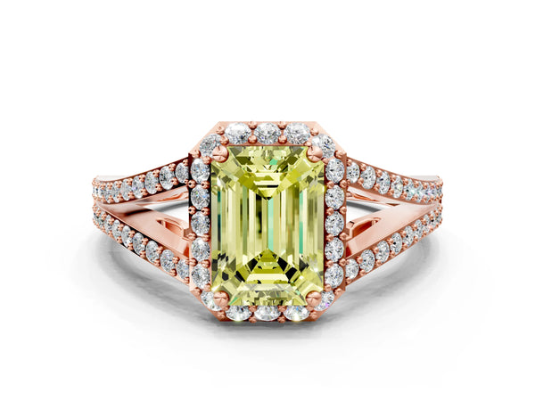 Rose gold Fancy Yellow Emerald  Halo Split Shank Pave Diamond Ring with Four-Prong Setting
