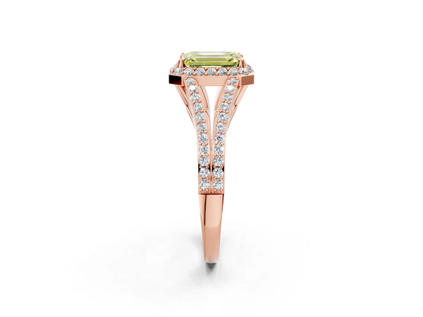Rose gold Fancy Yellow Emerald  Halo Split Shank Pave Diamond Ring with Four-Prong Setting