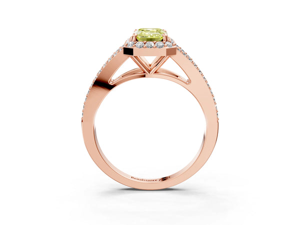 Rose gold Fancy Yellow Emerald  Halo Split Shank Pave Diamond Ring with Four-Prong Setting