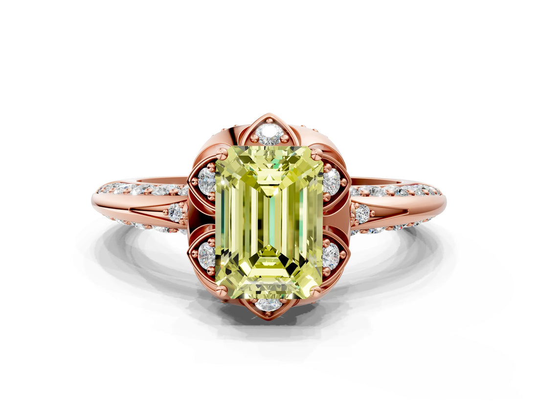 Rose gold Fancy Yellow Emerald  Halo Split Shank Pave Diamond Ring with Petal Prong Setting_21