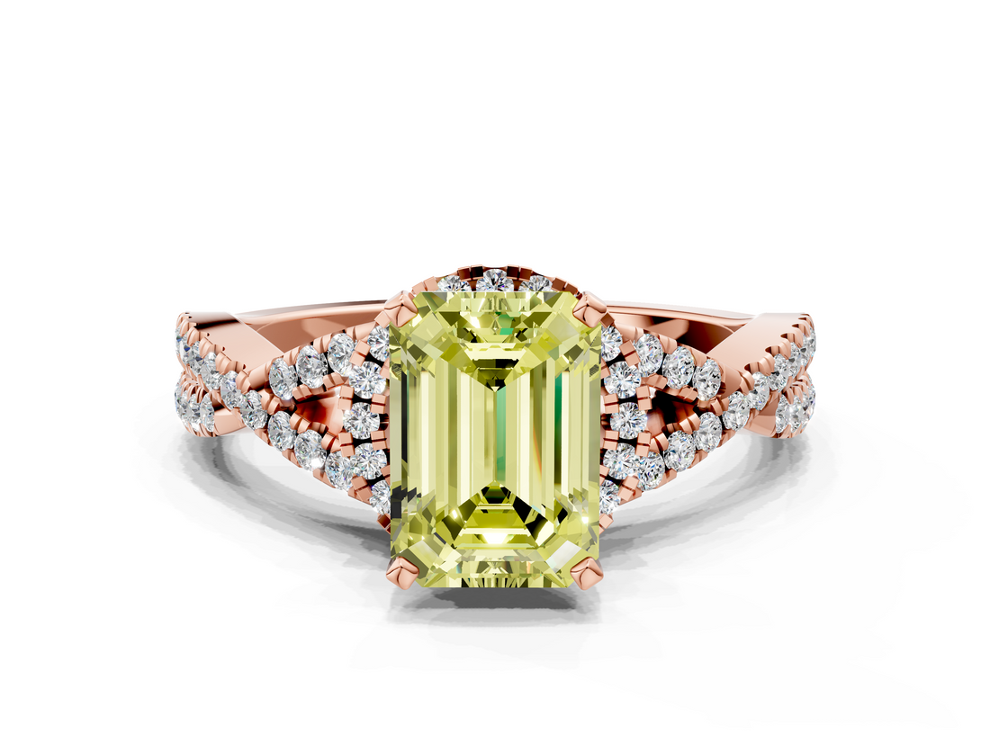 Rose gold Fancy Yellow Emerald  Halo Twist Band Solitaire Prong Setting Ring_82