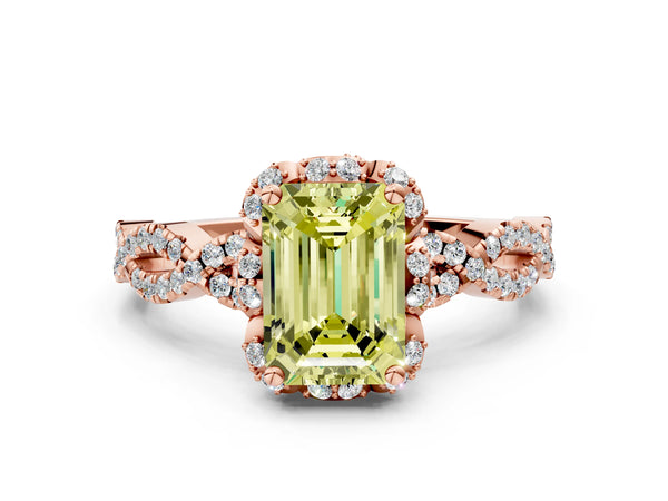 Rose gold Fancy Yellow Emerald  Halo Twist Band Solitaire Ring with Six-Prong Setting