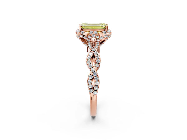 Rose gold Fancy Yellow Emerald  Halo Twist Band Solitaire Ring with Six-Prong Setting