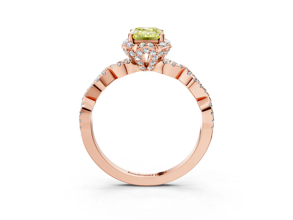 Rose gold Fancy Yellow Emerald  Halo Twist Band Solitaire Ring with Six-Prong Setting
