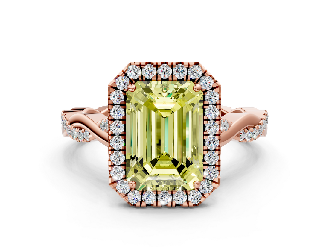 Rose gold Fancy Yellow Emerald  Halo Twist Band Solitaire Ring_19