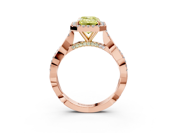 Rose gold Fancy Yellow Emerald  Halo Twist Band Solitaire Ring