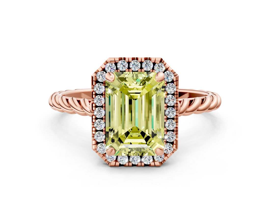 Rose gold Fancy Yellow Emerald  Halo Twisted Band Four-Prong Diamond Ring_20