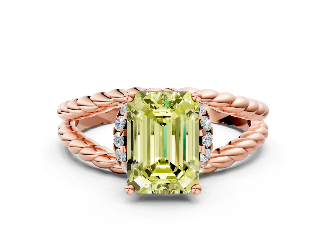 Rose gold Fancy Yellow Emerald  Halo Twisted Band Four-Prong Ring_31