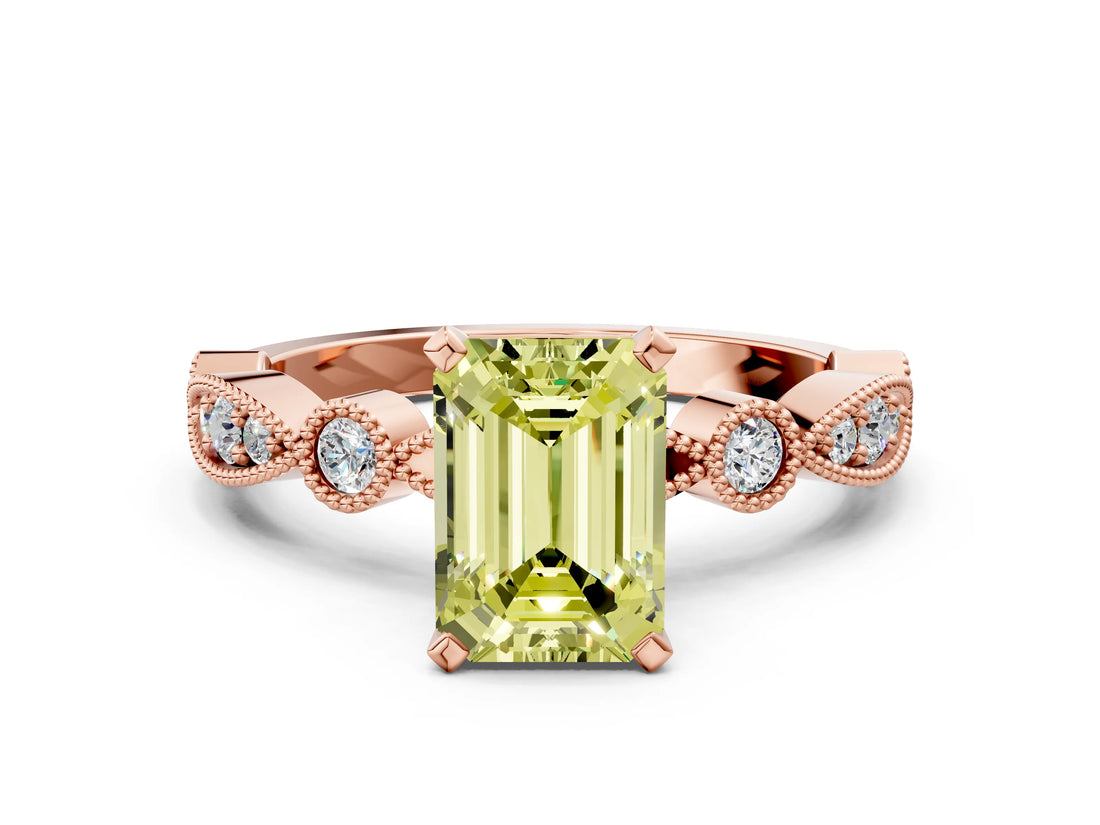 Rose gold Fancy Yellow Emerald  Milgrain Bezel Diamond Engagement Ring with Solitaire Prong Setting_155