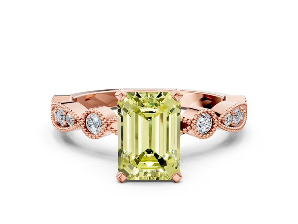 Rose gold Fancy Yellow Emerald  Milgrain Bezel Diamond Engagement Ring with Solitaire Prong Setting