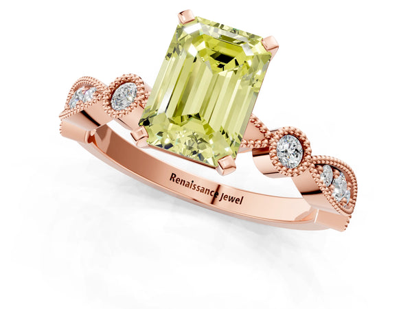 Rose gold Fancy Yellow Emerald  Milgrain Bezel Diamond Engagement Ring with Solitaire Prong Setting