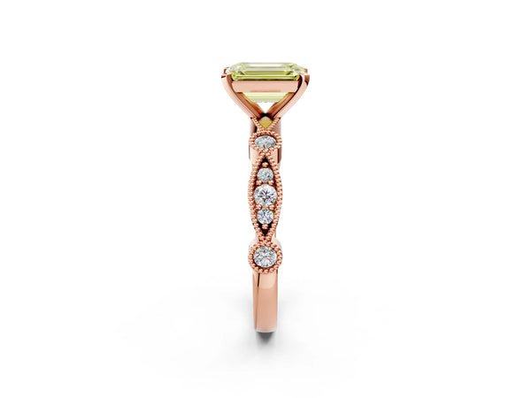 Rose gold Fancy Yellow Emerald  Milgrain Bezel Diamond Engagement Ring with Solitaire Prong Setting