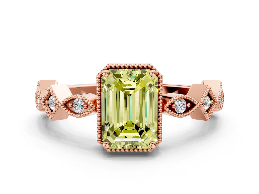Rose gold Fancy Yellow Emerald  Milgrain Marquise Diamond Twist Band Ring_61