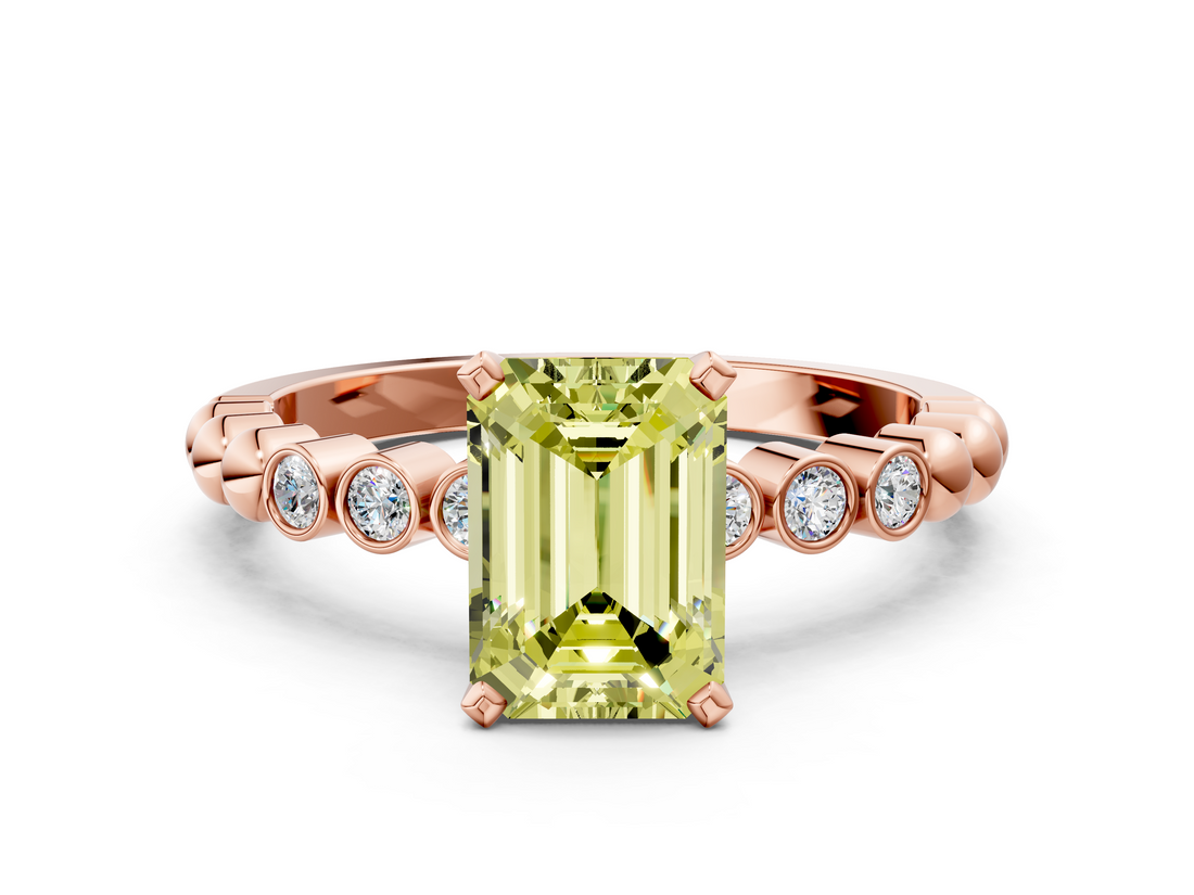 Rose gold Fancy Yellow Emerald  Solitaire Bezel Accent Diamond Engagement Ring with Beaded Band and Four-Prong Setting_22