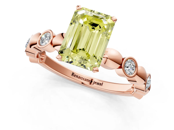 Rose Gold Emerald Cut Engagement Ring Setting for Fancy Yellow Center with Bezel Station Beaded Band
