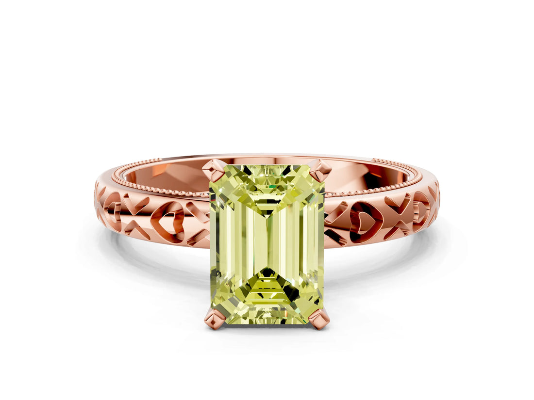 Rose gold Fancy Yellow Emerald  Solitaire Diamond Engagement Ring with XO Engraved Band and Four-Prong Setting 1
