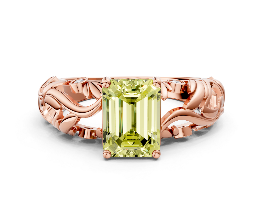 Rose gold Fancy Yellow Emerald  Solitaire Diamond Leaf Vine Band with Prong Setting_28
