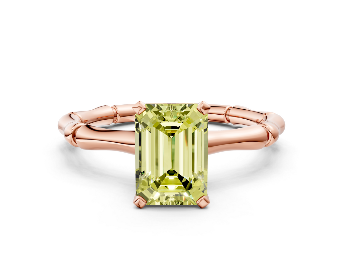 Rose gold Fancy Yellow Emerald  Solitaire Diamond Ring with Bamboo Band and Four-Prong Setting_56