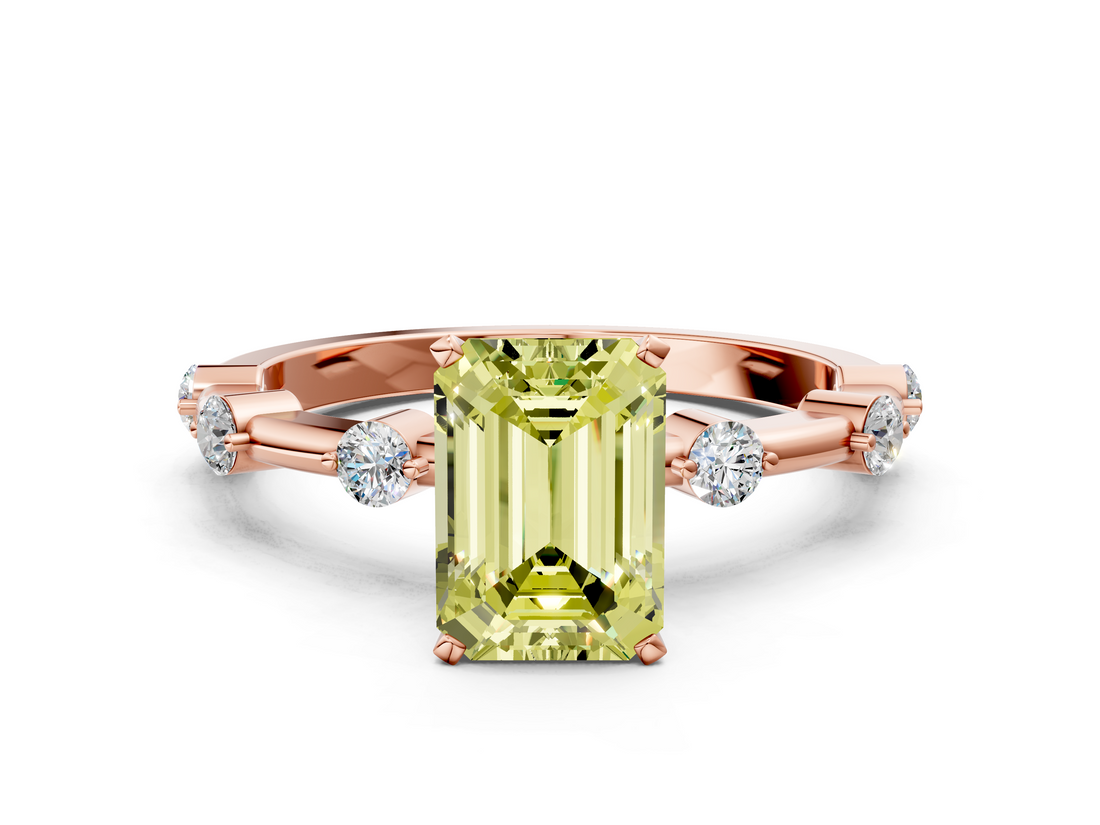 Rose gold Fancy Yellow Emerald  Solitaire Diamond Ring with Bezel Set Side Stones and Prong Setting_3
