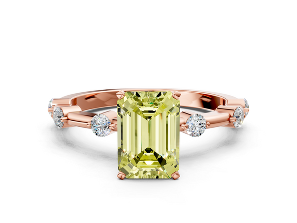 Rose gold Fancy Yellow Emerald  Solitaire Diamond Ring with Bezel Set Side Stones and Prong Setting