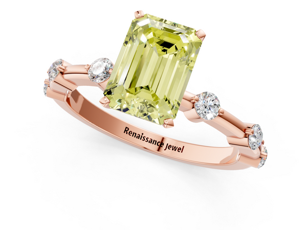 Rose gold Fancy Yellow Emerald  Solitaire Diamond Ring with Bezel Set Side Stones and Prong Setting