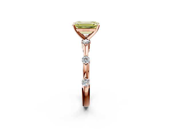 Rose gold Fancy Yellow Emerald  Solitaire Diamond Ring with Bezel Set Side Stones and Prong Setting