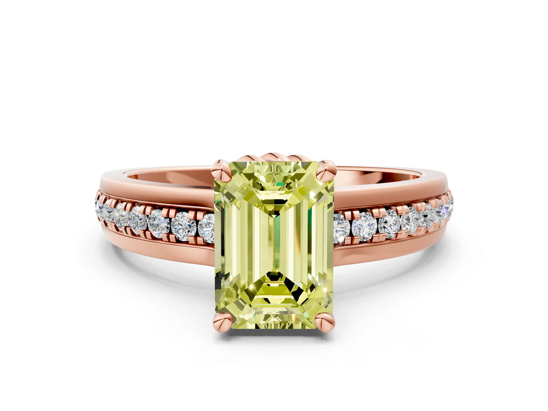 Rose gold Fancy Yellow Emerald  Solitaire Diamond Ring with Channel Set Band and Six-Prong Setting_48