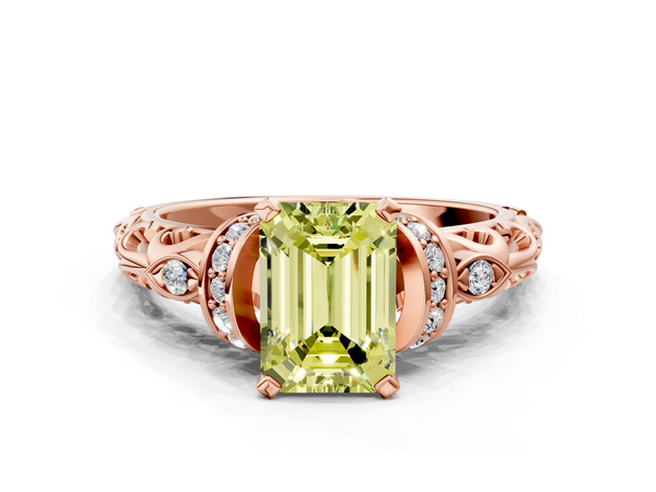 Rose gold Fancy Yellow Emerald Cut Diamond Solitaire Ring with Filigree Band and Four-Prong Setting