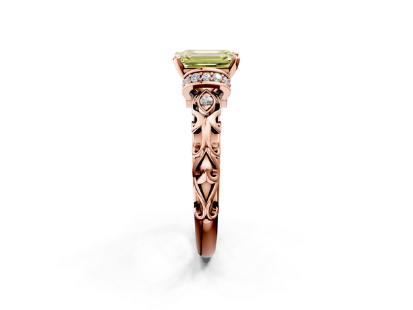 Rose gold Fancy Yellow Emerald Cut Diamond Solitaire Ring with Filigree Band and Four-Prong Setting