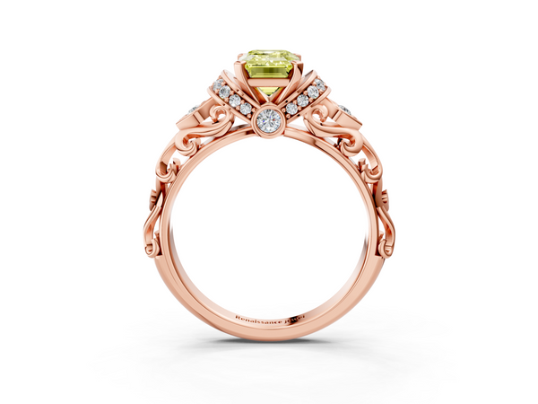 Rose gold Fancy Yellow Emerald Cut Diamond Solitaire Ring with Filigree Band and Four-Prong Setting