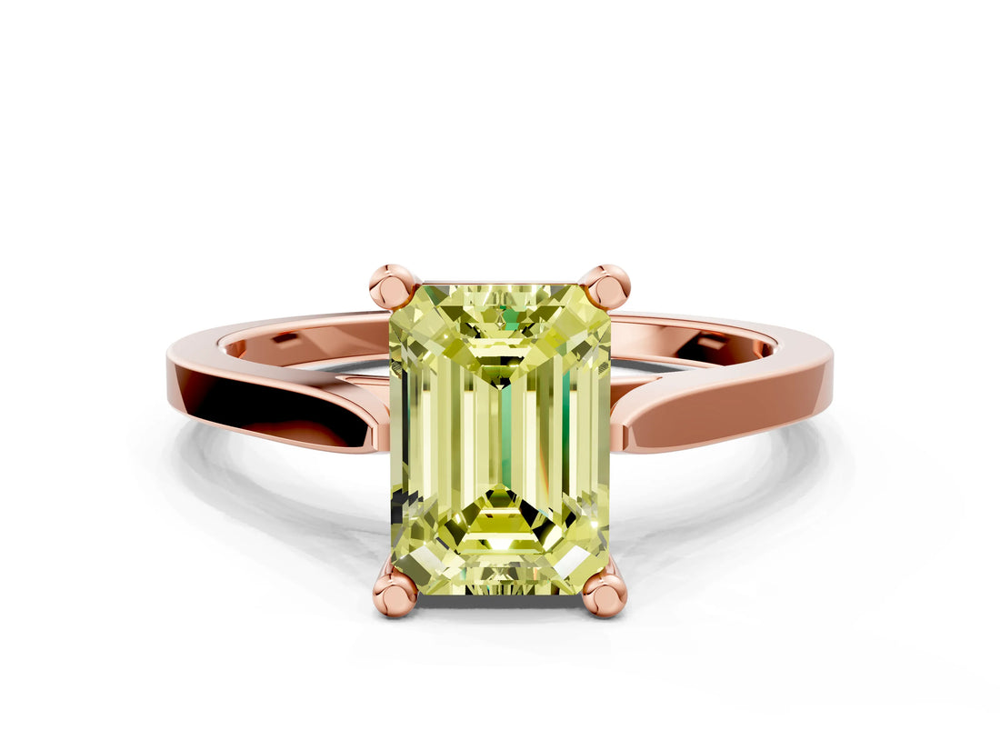 Rose gold Fancy Yellow Emerald  Solitaire Diamond Ring with Four-Prong Setting and Tapered Band