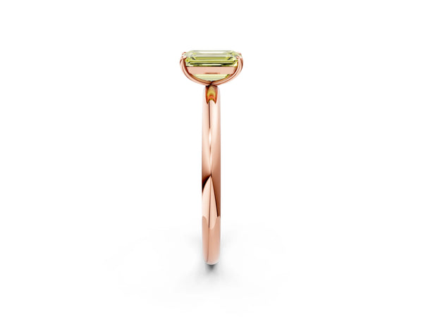 Rose gold Fancy Yellow Emerald  Solitaire Diamond Ring with Four-Prong Setting on a Plain Band