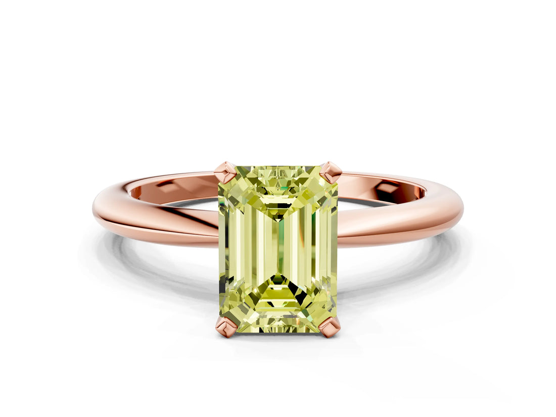 Rose gold Fancy Yellow Emerald  Solitaire Diamond Ring with Six-Prong Setting on a Classic Band