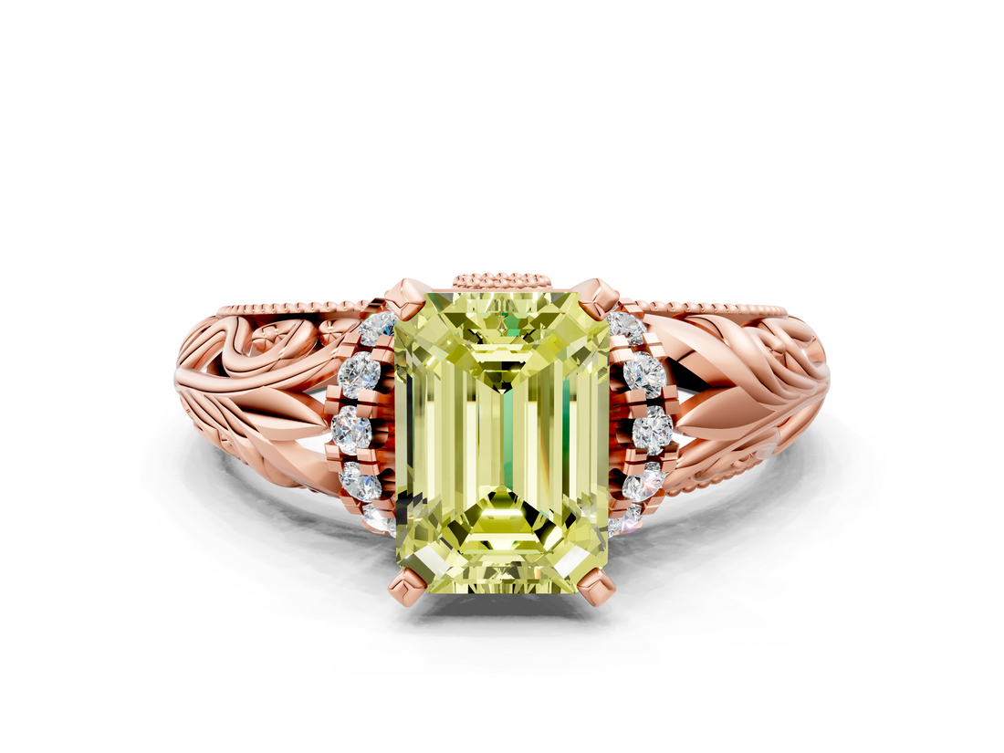 Rose gold Fancy Yellow Emerald  Solitaire Filigree Engagement Ring with Halo and Prong Setting_51