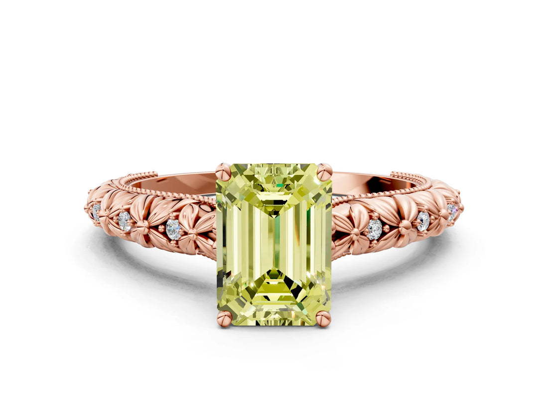 Rose gold Fancy Yellow Emerald  Solitaire Floral Milgrain Engagement Ring_31