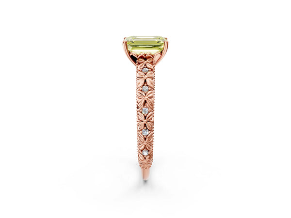 Rose gold Fancy Yellow Emerald  Solitaire Floral Milgrain Engagement Ring