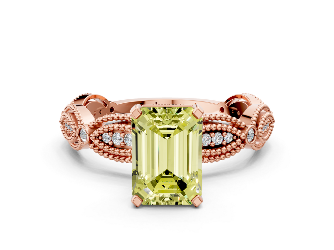 Rose gold Fancy Yellow Emerald  Solitaire Milgrain Diamond Engagement Ring with Bezel and Marquise Band_71