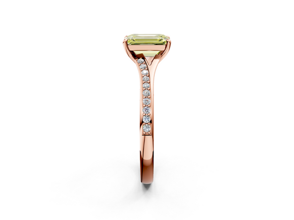 Rose gold Fancy Yellow Emerald Cut Diamond Solitaire Ring with Pavé Band and Prong Setting