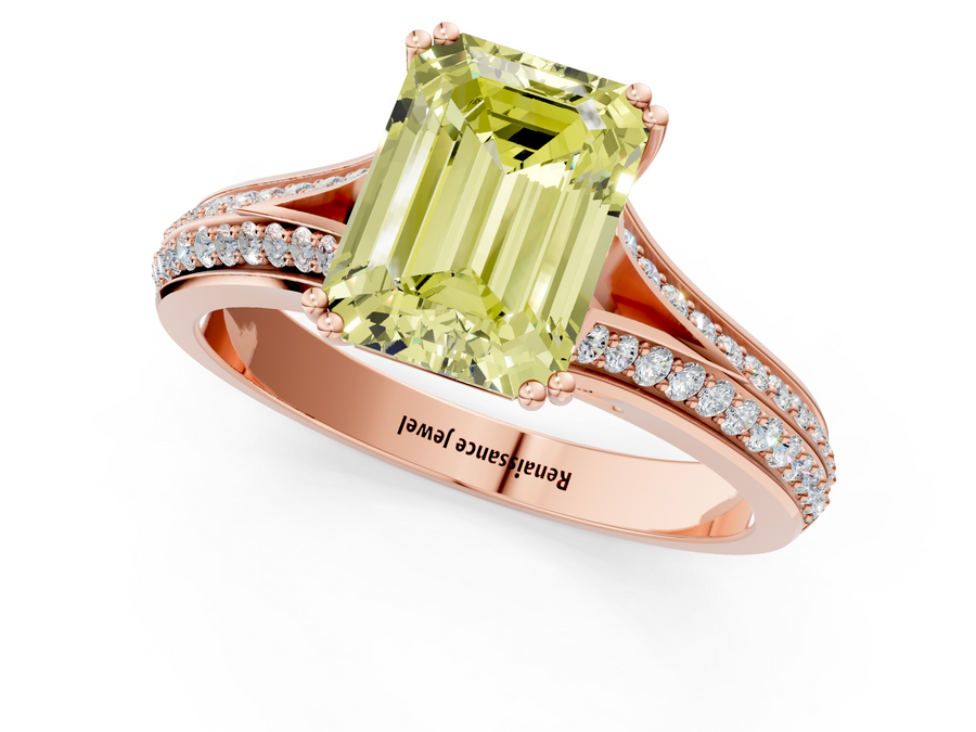 Rose gold Fancy Yellow Emerald Cut Diamond Split Shank Engagement Ring with Pavé Band