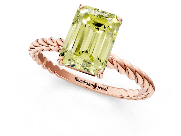 Rose gold Fancy Yellow Emerald  Solitaire Twist Band Ring with Four-Prong Setting